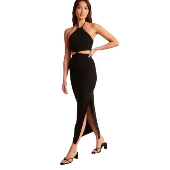 Abercrombie & Fitch Knot Front Halter Cut Out Maxi Dress Black Size Medium NEW - Picture 1 of 7